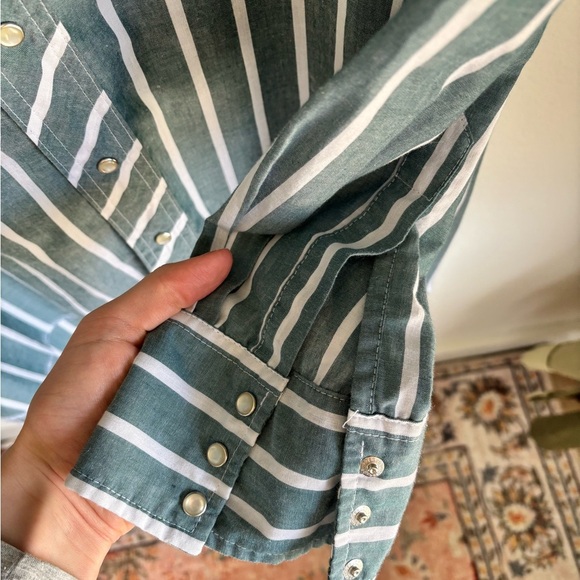 Wrangler Western Snap Shirt Green White Striped Long Sleeve Pearl Snap XL - Picture 4 of 7
